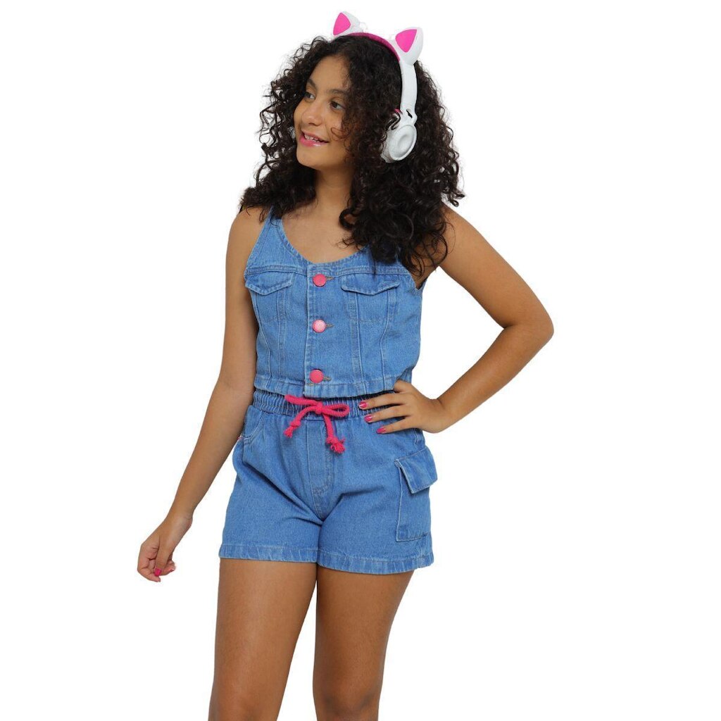 Conjunto Jeans Infantil Menina Cropped e Short Cargo Premium Kids