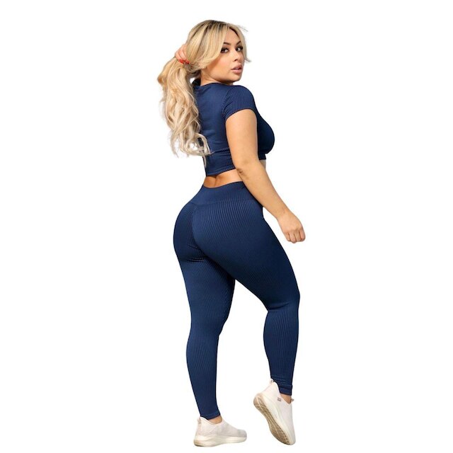 Conjunto Legging e Cropd Manguinha FMF Canelado Poliéster Moda Fitness Academia
