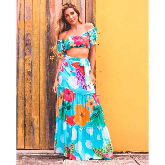 Conjunto Limone Modas de cropped e saia longa Estampa Azul - M - Azul Claro+Azul Menor preço em Conjunto Limone Modas de cropped e saia longa Estampa Azul - M - Azul Claro+Azul
