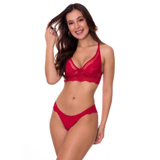Conjunto Lingerie Transparente em Tule e Renda Sem Bojo Estilo Sedutor - VC5036 - Vermelho Menor preço em Conjunto Lingerie Transparente em Tule e Renda Sem Bojo Estilo Sedutor - VC5036 - Vermelho
