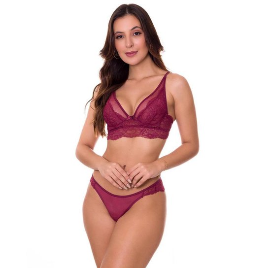 Conjunto Lingerie Transparente em Tule e Renda Sem Bojo Estilo Sedutor - VC5036 - Vinho Menor preço em Conjunto Lingerie Transparente em Tule e Renda Sem Bojo Estilo Sedutor - VC5036 - Vinho