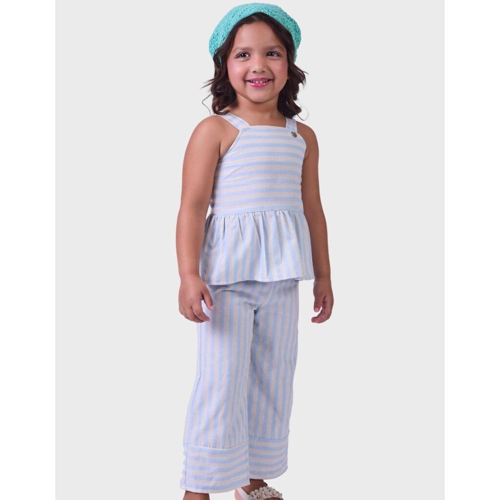 Conjunto Listras Blusa Sem Manga Alça De Apoio Elegante Com Calça Wide Suave Menina 1 a 3