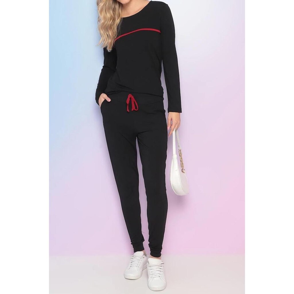 Conjunto Maria Paes Calça e Blusa Manga Longa com Viés Vermelho