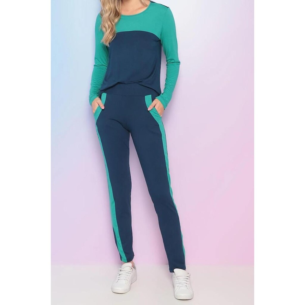 Conjunto Maria Paes Calça e Blusa Manga Longa Marinho e Verde