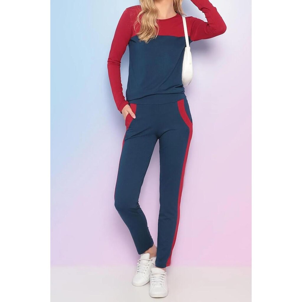 Conjunto Maria Paes Calça e Blusa Manga Longa Marinho e Vermelho