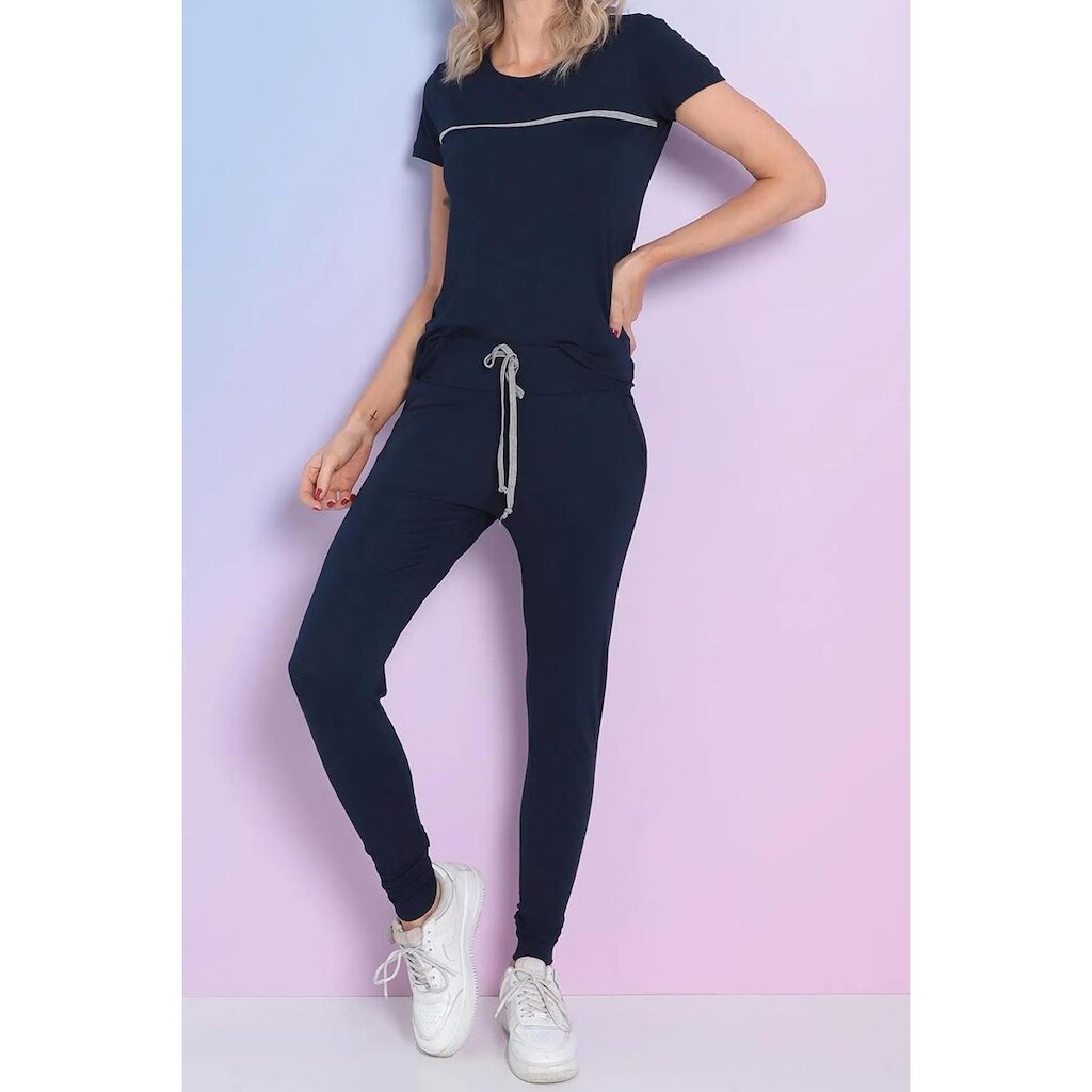 Conjunto Maria Paes Calça e Blusa Marinho com Viés Mescla