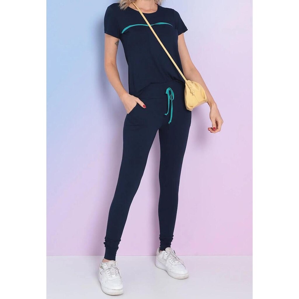 Conjunto Maria Paes Calça e Blusa Marinho com viés Verde