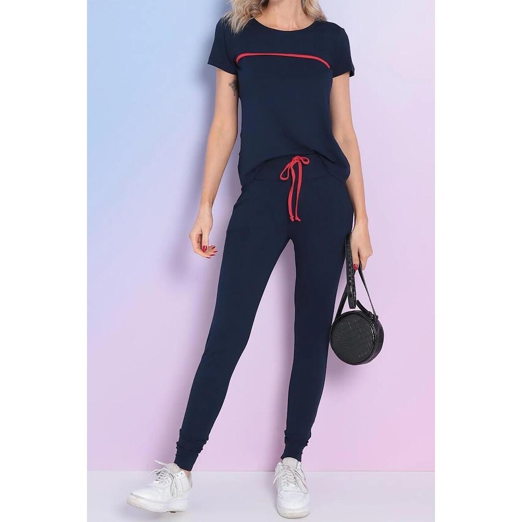 Conjunto Maria Paes Calça e Blusa Marinho com Viés Vermelho