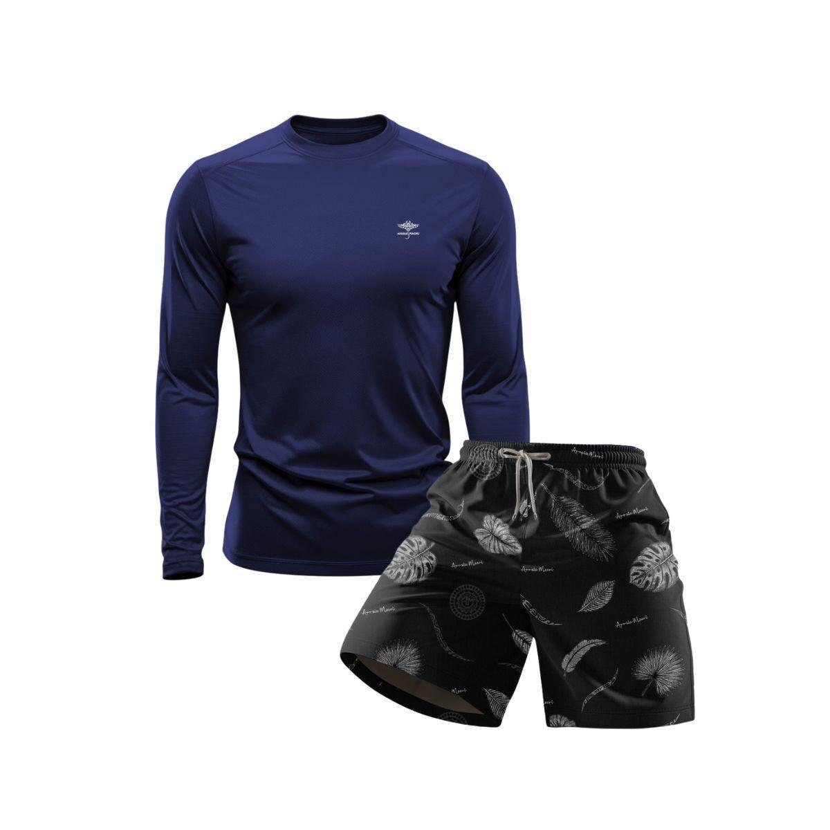 Conjunto Masculino Short Estampado Praia Verão e Camiseta Dry Manga Longa Proteção UV
