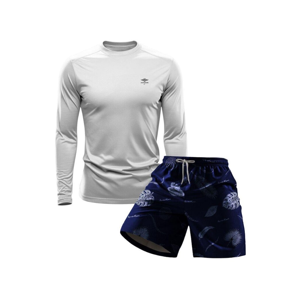 Conjunto Masculino Short Estampado Praia Verão e Camiseta Dry Manga Longa Proteção UV
