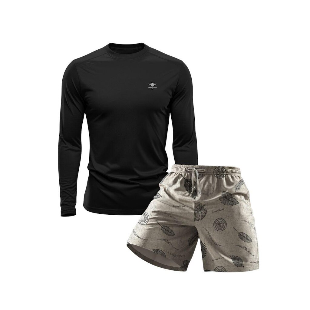 Conjunto Masculino Short Estampado Praia Verão e Camiseta Dry Manga Longa Proteção UV