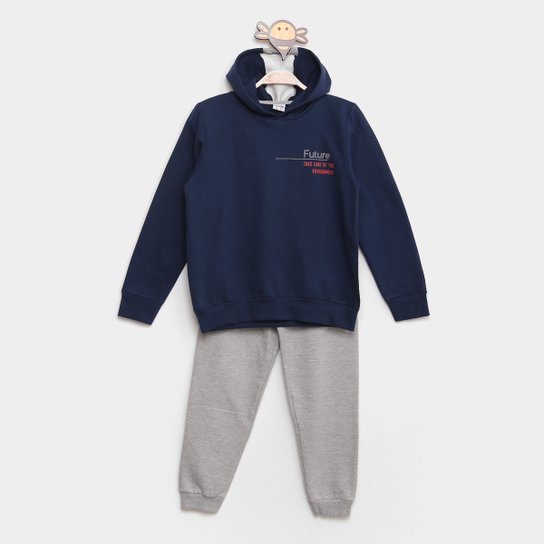 Conjunto Moletinho Infantil Fakini Calça + Blusa Com Capuz Masculino - Marinho+Cinza Menor preço em Conjunto Moletinho Infantil Fakini Calça + Blusa Com Capuz Masculino - Marinho+Cinza