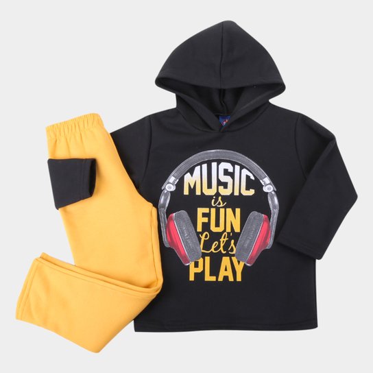 Conjunto Moletinho Infantil Pipa Music Play Com Capuz Masculino - Preto Menor preço em Conjunto Moletinho Infantil Pipa Music Play Com Capuz Masculino - Preto