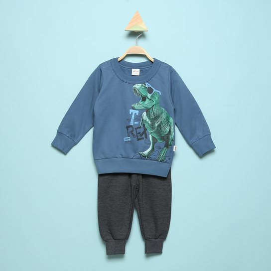 Conjunto Moletom Bebê Elian Peluciado Dino Masculino - Azul Menor preço em Conjunto Moletom Bebê Elian Peluciado Dino Masculino - Azul