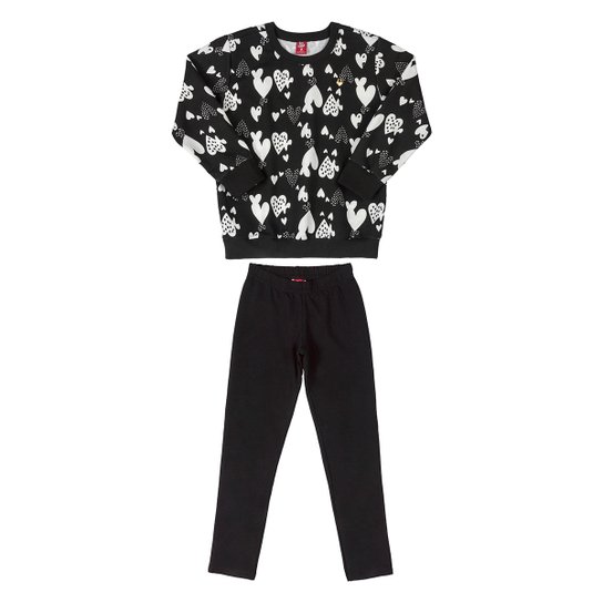 Conjunto Moletom Bee Loop Calça Molecotton Corações Feminino - Preto Menor preço em Conjunto Moletom Bee Loop Calça Molecotton Corações Feminino - Preto