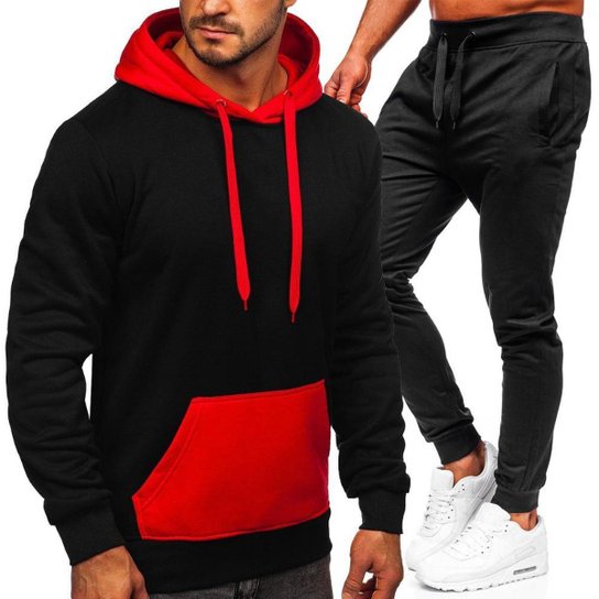 Conjunto Moletom Colorido Masculino Blusão Canguru Preto com Vermelho