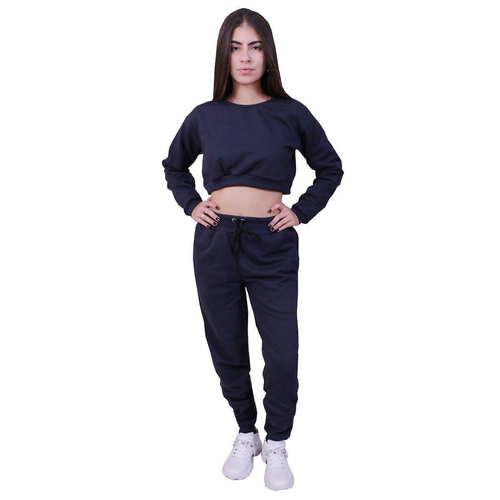 Conjunto Moletom Cropped Infantil Liso Azul Marinho