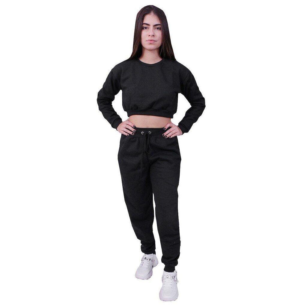 Conjunto Moletom Cropped Infantil Liso Preto
