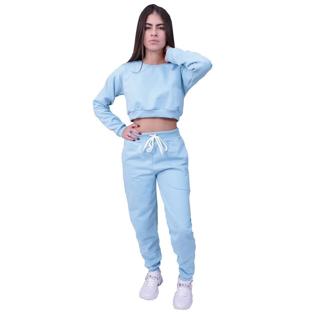 Conjunto Moletom Cropped Plus Size Manga Longa Azul Bebe
