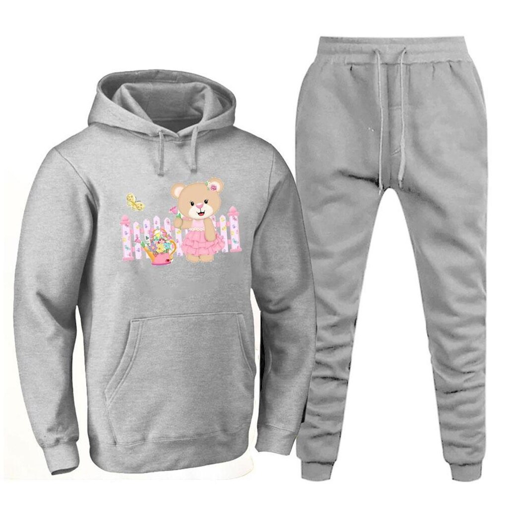 Conjunto Moletom Estampado Casaco de Frio Com Capuz Ajustavel e Calça Lisa Bolso Lateral Macia