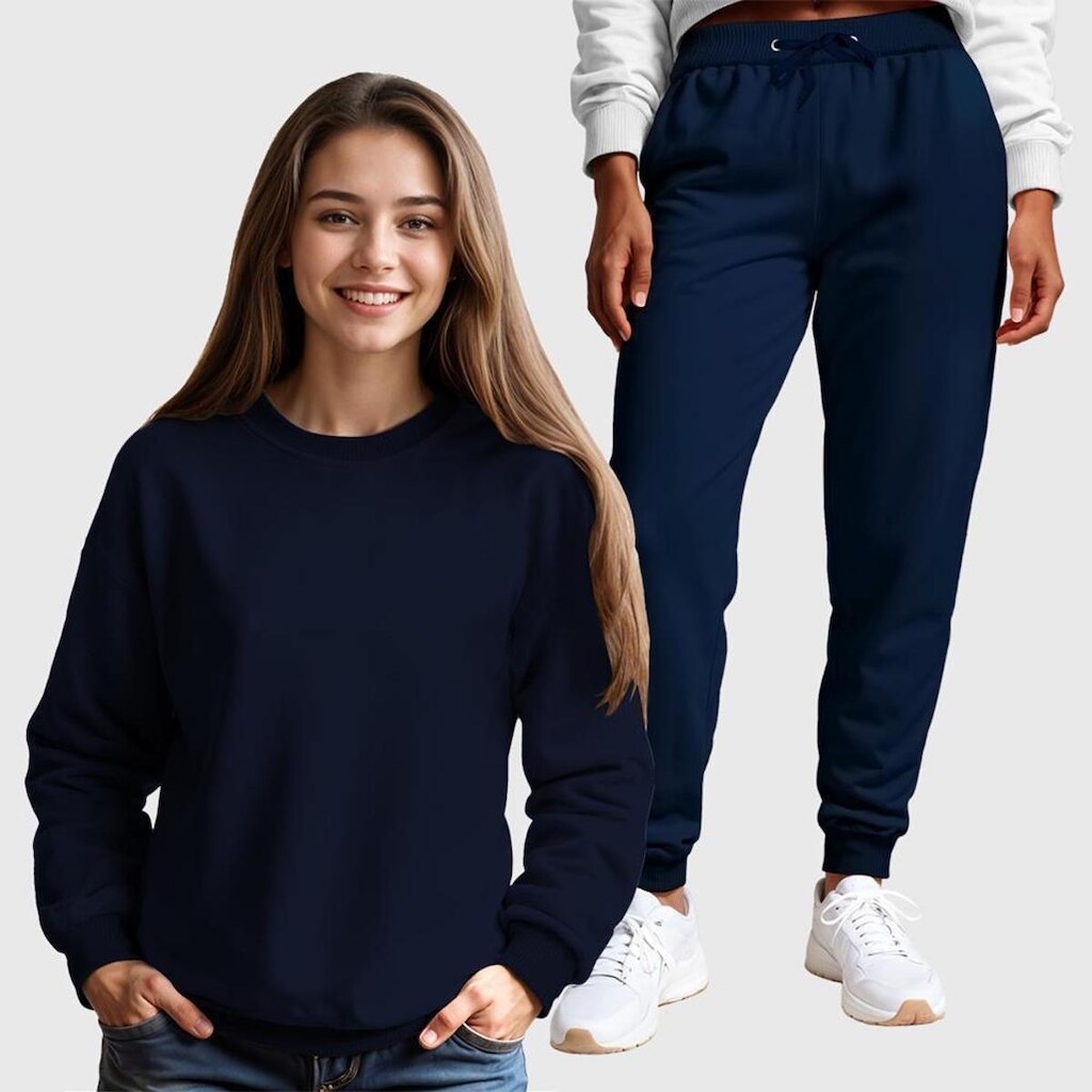 Conjunto Moletom Gola Redonda e Calça Feminina Lisa
