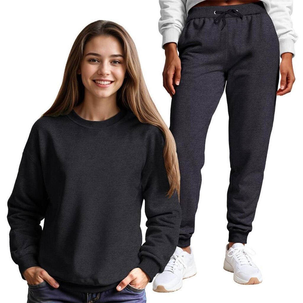 Conjunto Moletom Gola Redonda e Calça Feminina Lisa