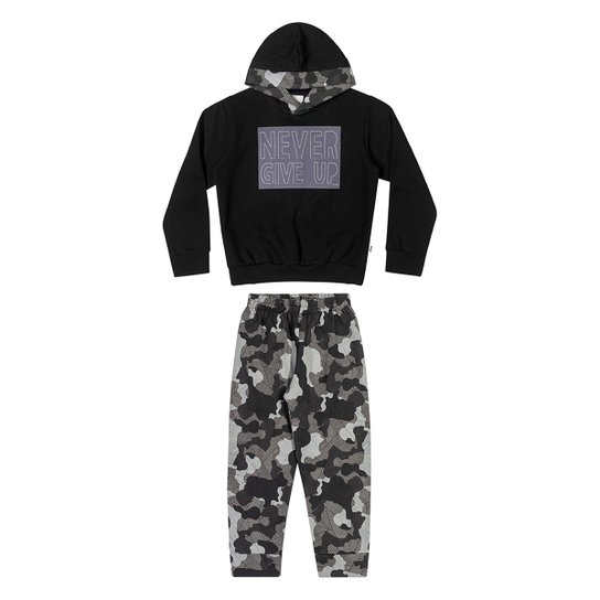 Conjunto Moletom Infantil Elian Estampado Capuz Blusa + Calça Masculino - Preto Menor preço em Conjunto Moletom Infantil Elian Estampado Capuz Blusa + Calça Masculino - Preto