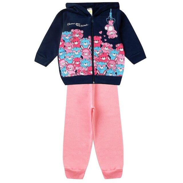 Conjunto Moletom Infantil Feminino Blusa Calça Flanelado capuz Ziper Punhos Roupa menina inverno