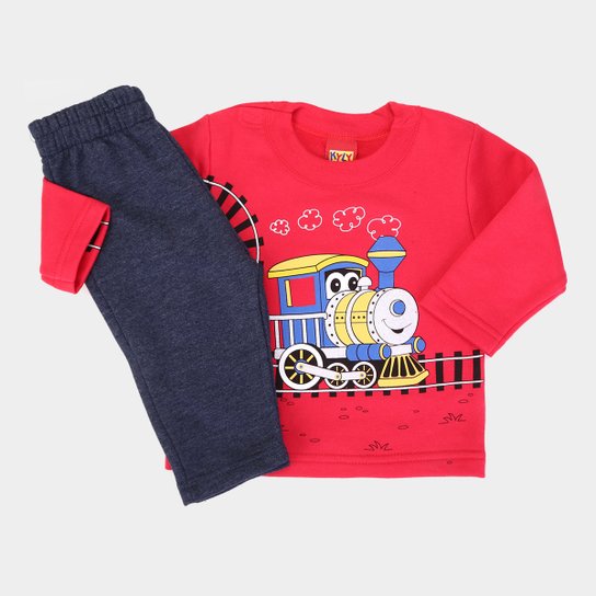 Conjunto Moletom Infantil Kyly Manga Longa Estampa Trem Masculino - Vermelho