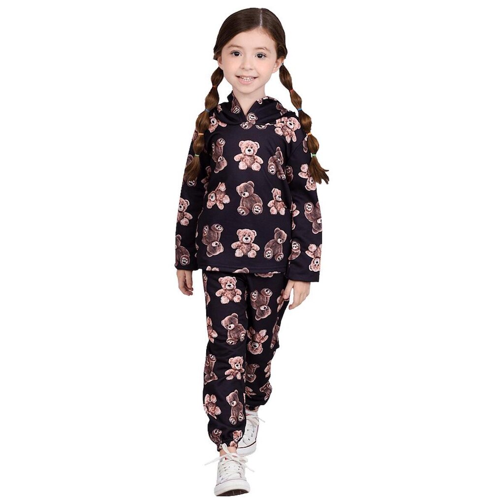 Conjunto Moletom Infantil Preto com Touca e Ursinhos - Destak