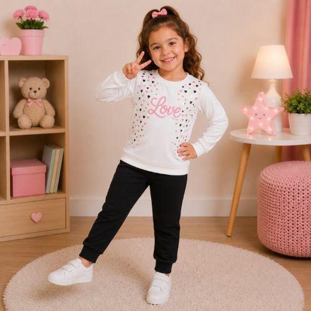 Conjunto Moletom Inverno Menina Blusa Love E Calça Lisa Kely Kety