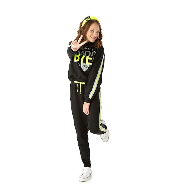 Conjunto Moletom Juvenil Duzizo Estampado Capuz Feminino - Preto Menor preço em Conjunto Moletom Juvenil Duzizo Estampado Capuz Feminino - Preto