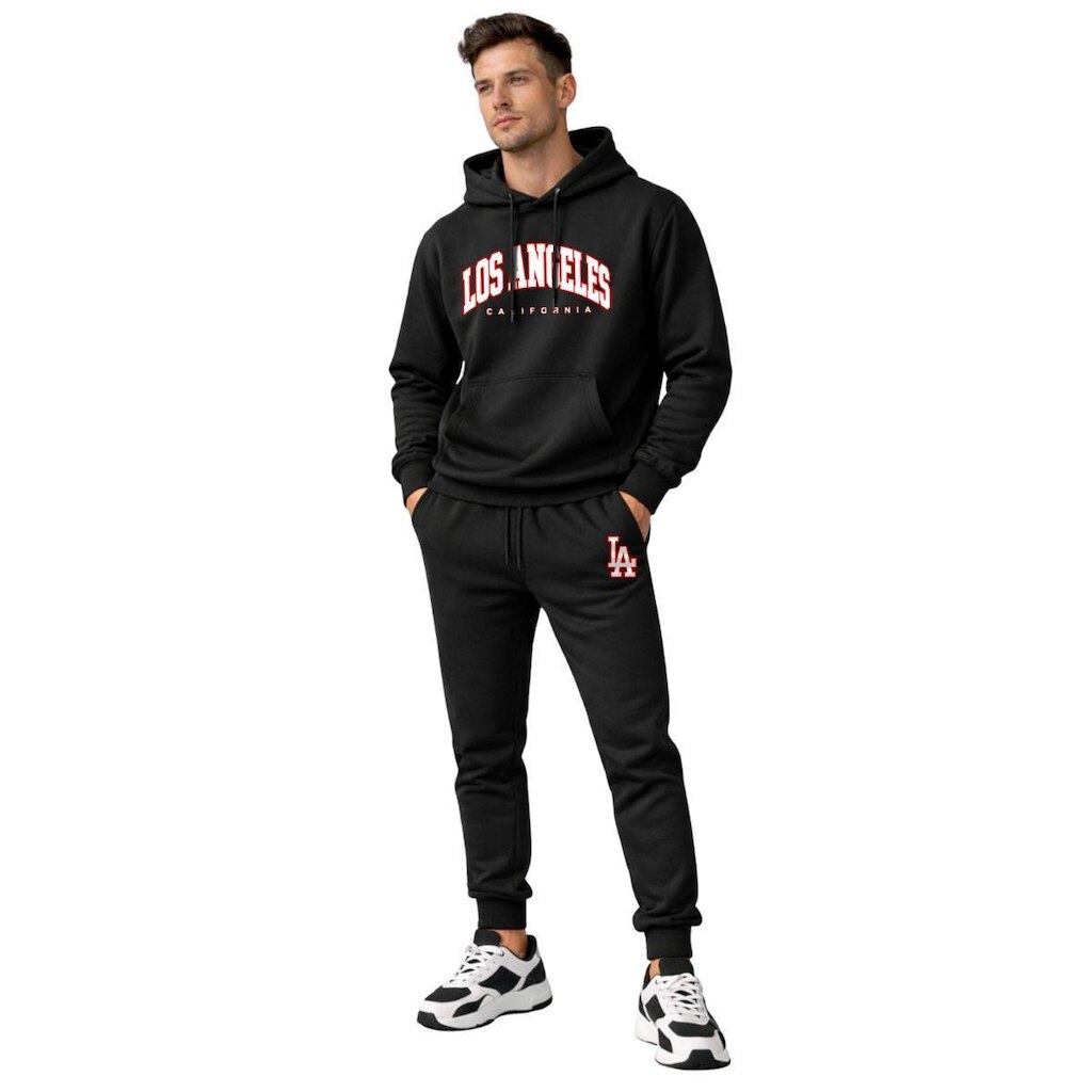 Conjunto Moletom Masculino Estampado Flanelado com Capuz Calça Jogger Casual Inverno Relaxado