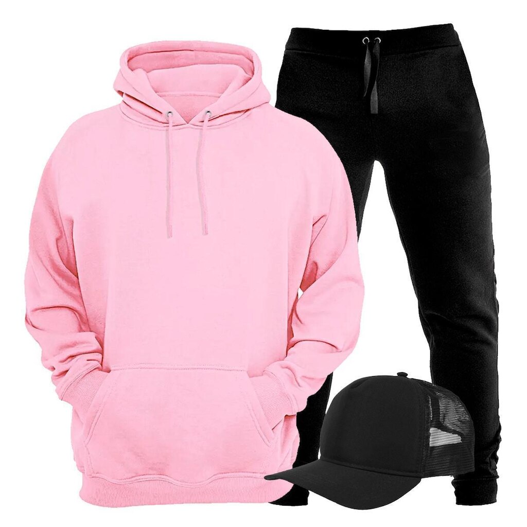 Conjunto Moletom Plus Size Liso Blusa de Frio Canguru e Calça Moletom Kit Com Boné