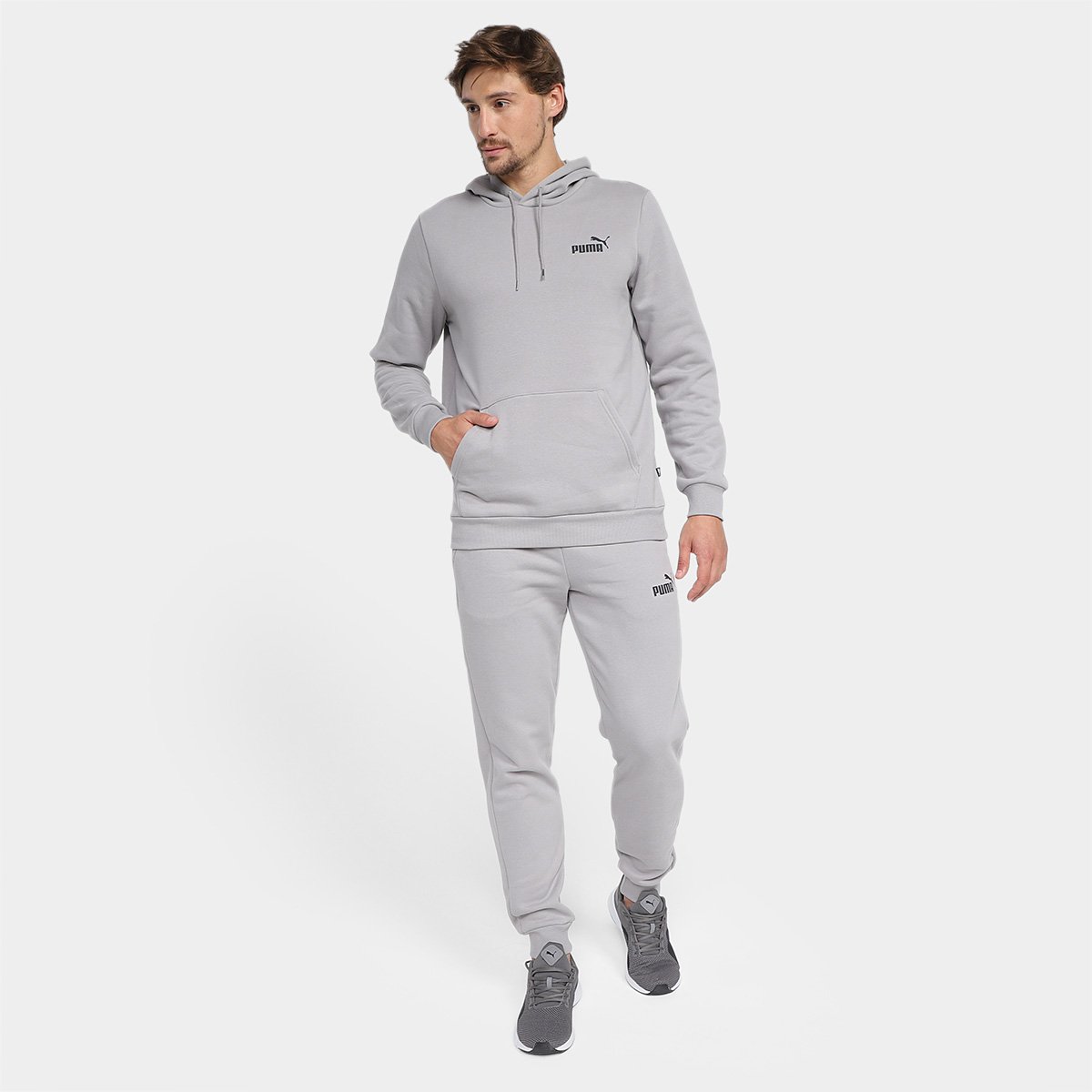 Conjunto Moletom Puma Feel Good Sweat C/ Capuz Masculino Cinza