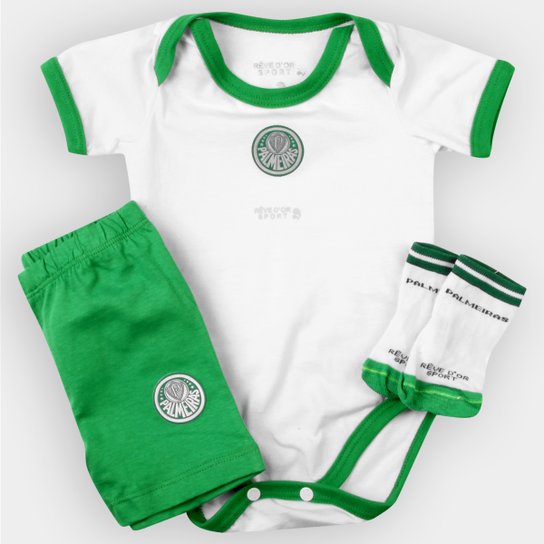 Conjunto Palmeiras Bebê Body Shorts e Meia - Verde+Branco Menor preço em Conjunto Palmeiras Bebê Body Shorts e Meia - Verde+Branco