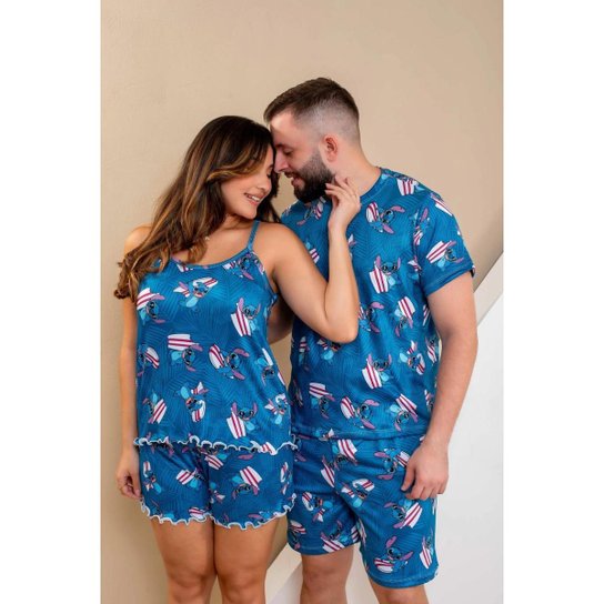 Conjunto Pijamas Casal peças Personagens Stitch Surf