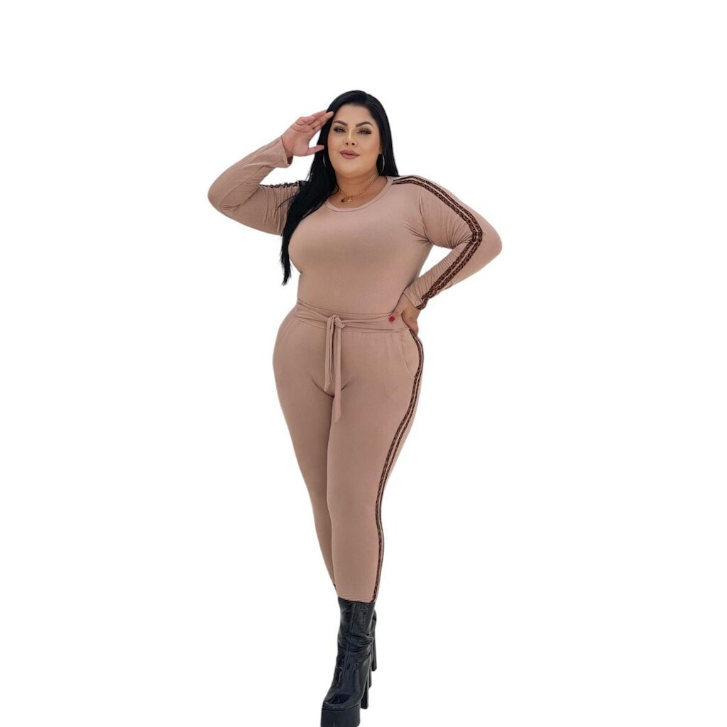 Conjunto Plus Size Calça e Blusa Manga Longa Viés de Oncinha