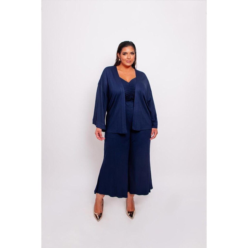 Conjunto Plus Size Feminino Calça Pantalona, Top e Kimono