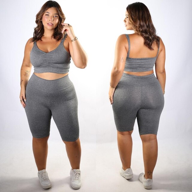 Conjunto Plus Size Fitness Top e Bermuda Cintura Alta Suplex
