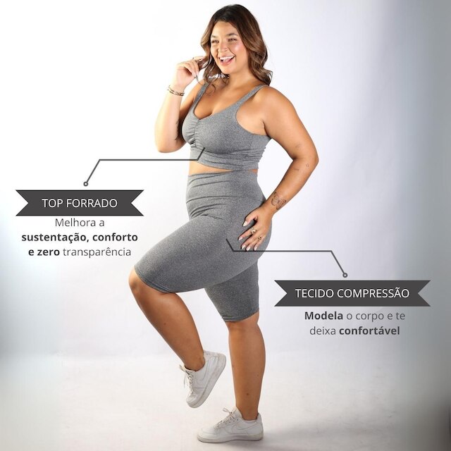 Conjunto Plus Size Fitness Top e Bermuda Cintura Alta Suplex