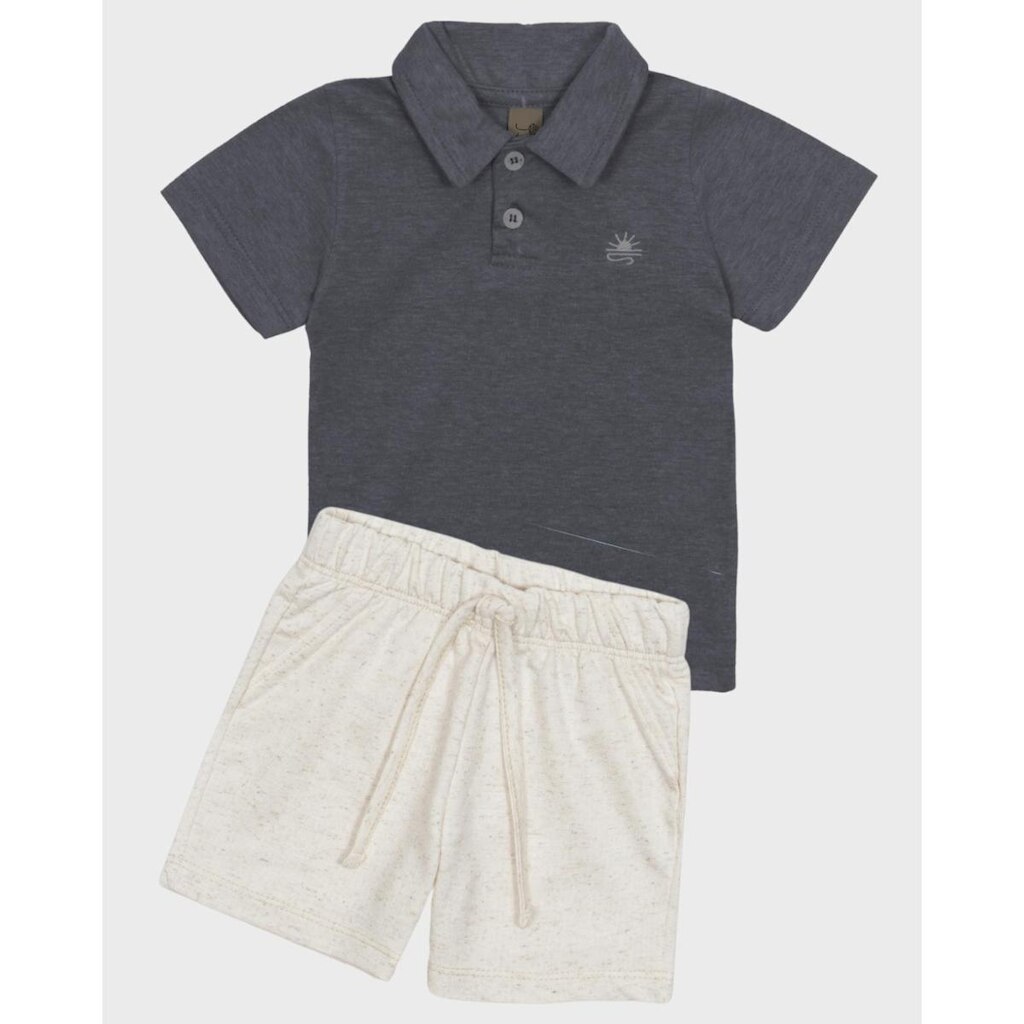 Conjunto polo bordada bermuda linho verão sofisticado fresco - Verde e Cinza - Bebê 3 a 18 meses