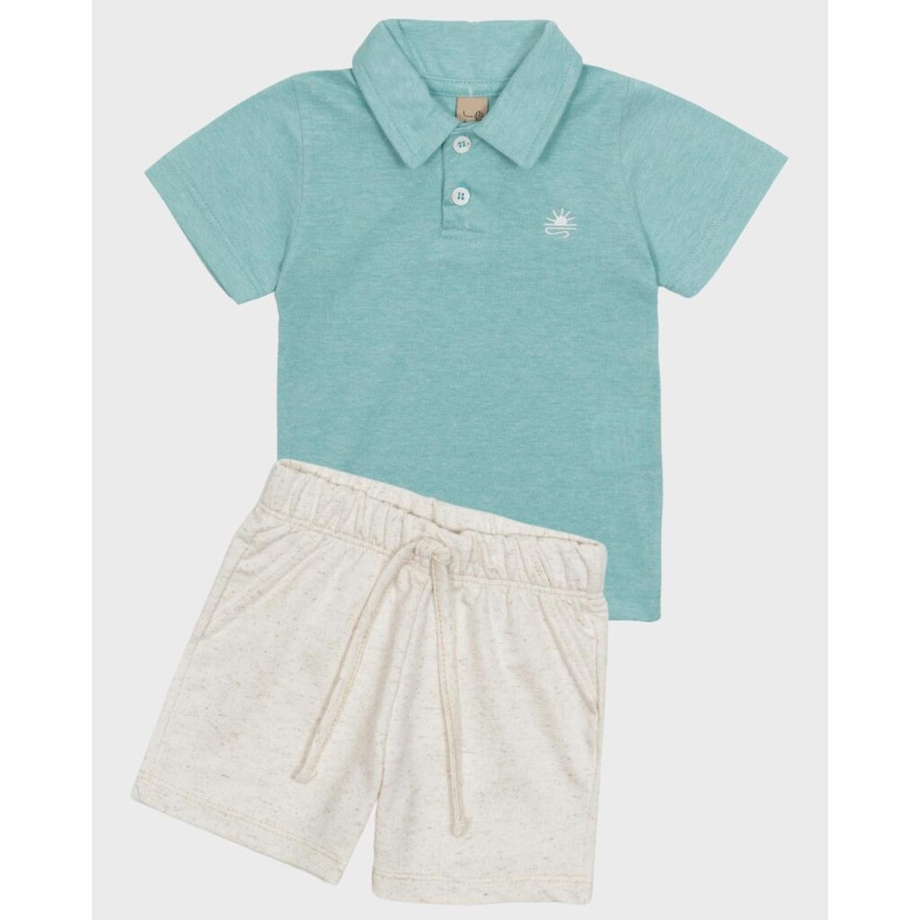 Conjunto polo bordada bermuda linho verão sofisticado fresco - Verde e Cinza - Bebê 3 a 18 meses
