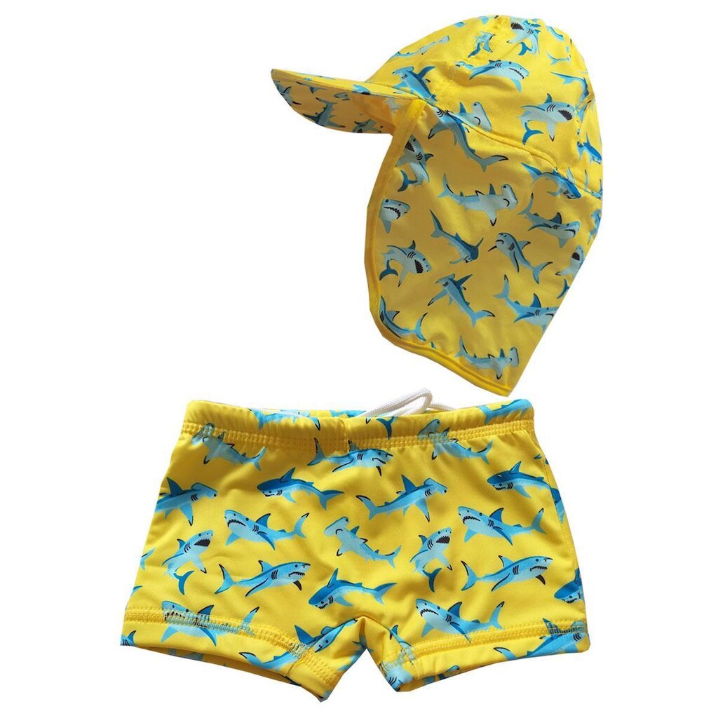 Conjunto Praia Bebê Sunga Boxer e Boné Microfibra Proteção UV Tubarões Amarelo Everly