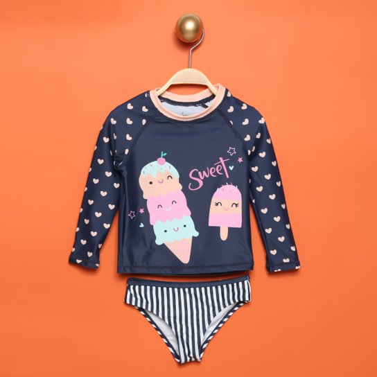 Conjunto Praia Infantil Malwee Proteção UV 50+ Manga Longa Feminino - Marinho Menor preço em Conjunto Praia Infantil Malwee Proteção UV 50+ Manga Longa Feminino - Marinho