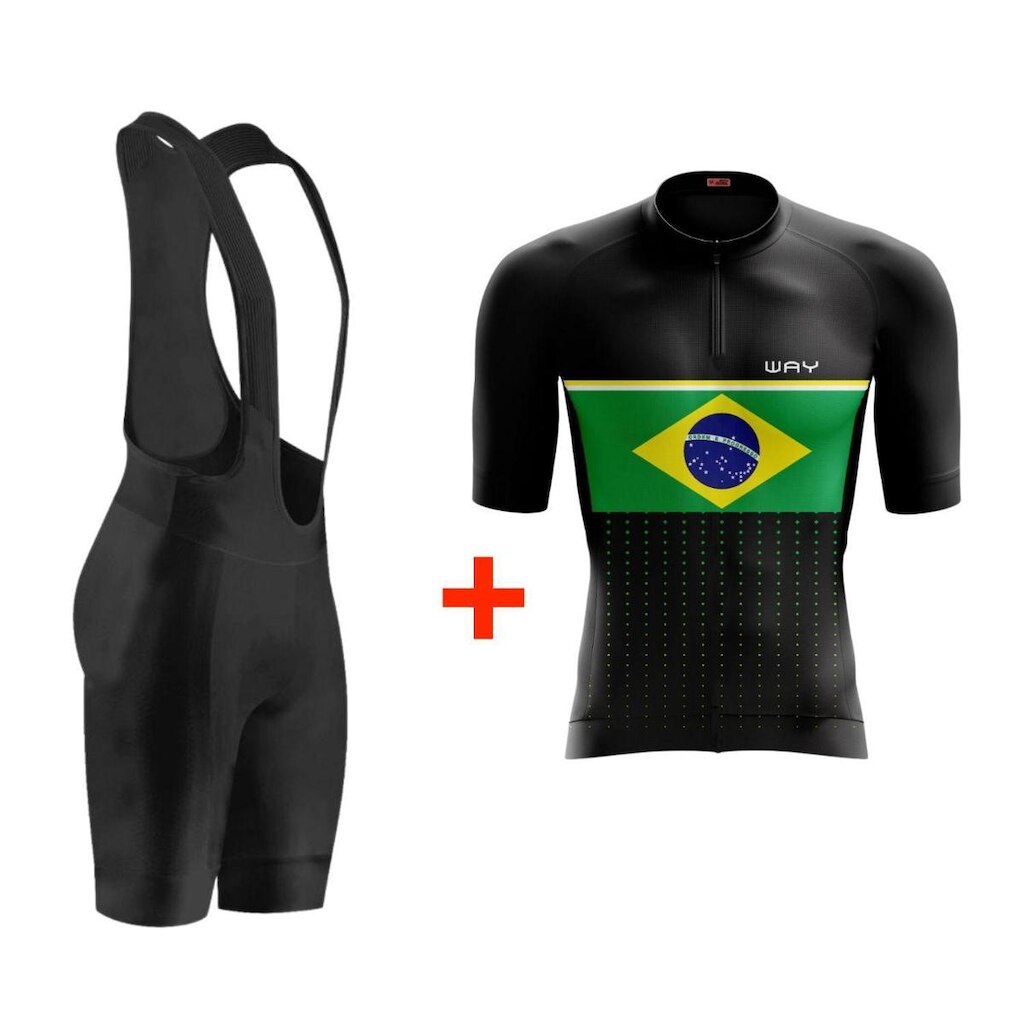 Conjunto Roupa de Ciclismo Bretelle + Camisa com Zíper Full 3 Bolsos