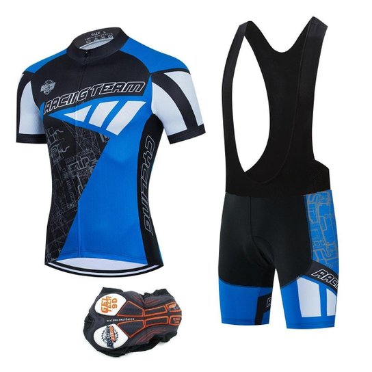 Conjunto Roupa de Ciclismo Bretelle + Camisa com Zíper Full 3 Bolsos - Azul Menor preço em Conjunto Roupa de Ciclismo Bretelle + Camisa com Zíper Full 3 Bolsos - Azul