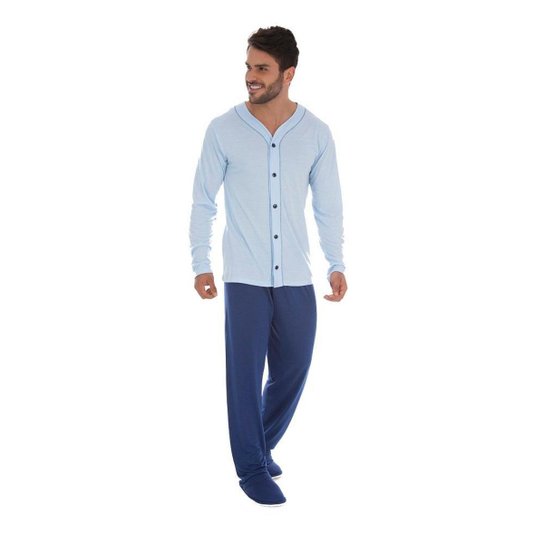 Conjunto Roupa De Dormir Pijama Masculino Basico De Inverno - Azul Menor preço em Conjunto Roupa De Dormir Pijama Masculino Basico De Inverno - Azul
