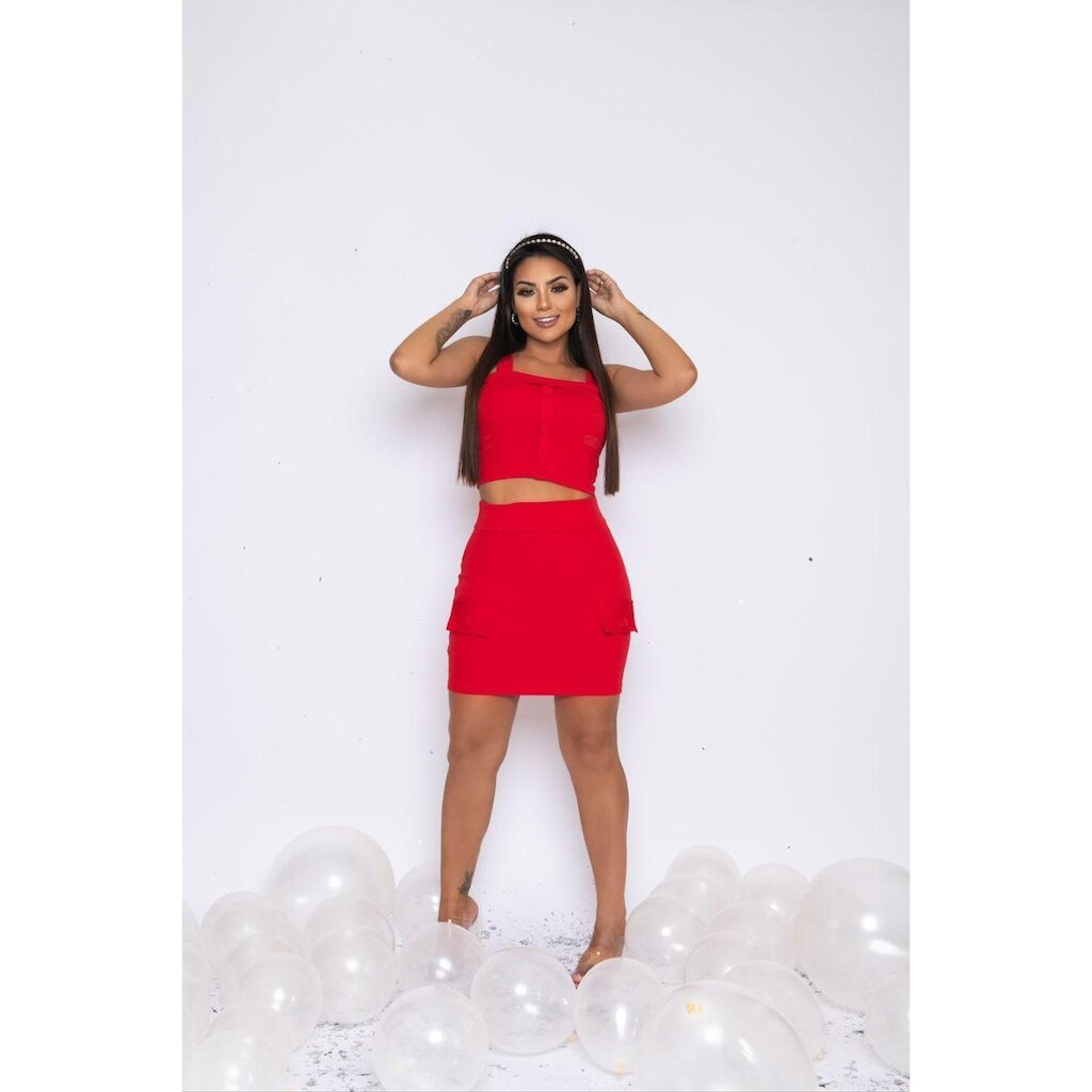 Conjunto Saia Curta Bolso Falso Frontal e Top Regata
