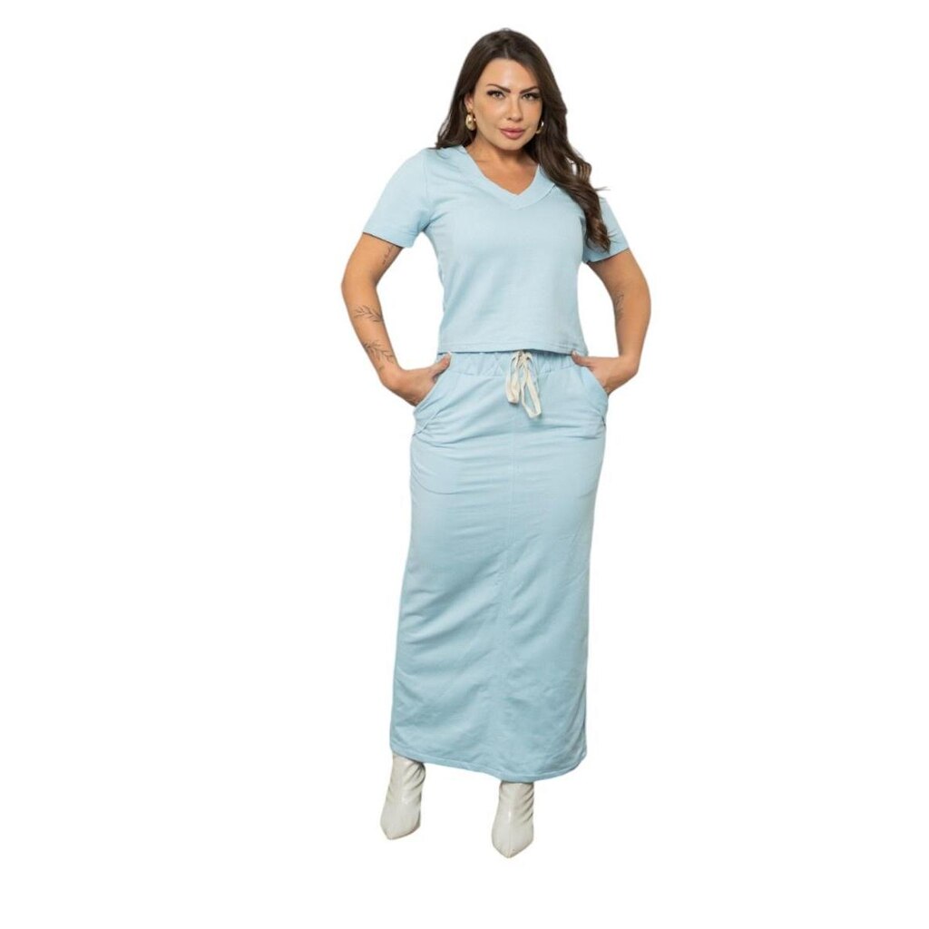 Conjunto Saia Midi Amarração Frontal Bolsos Laterais e Blusa